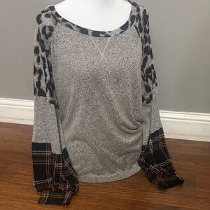 Maurices Gray Leopard and Plaid Long Sleeve Top